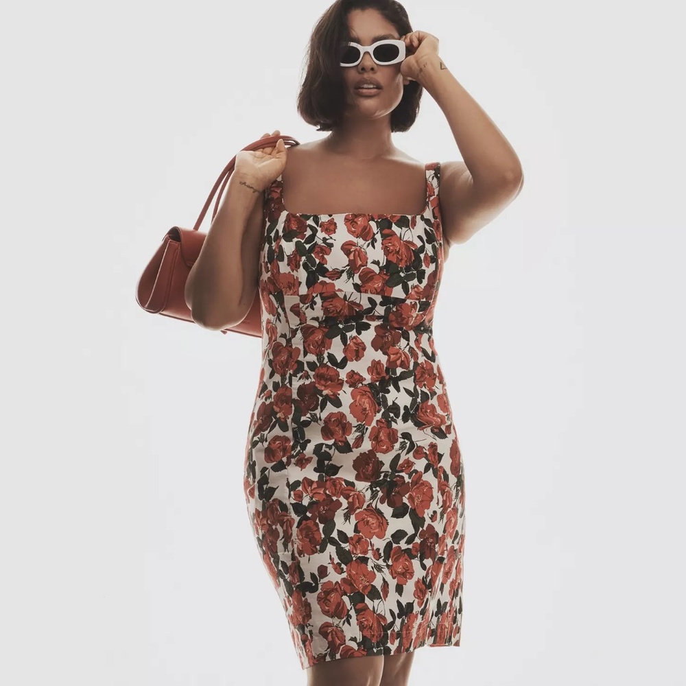 Anthropologie Sleeveless Square-Neck Knee-Length Dress Red Floral By Maeve L NWT